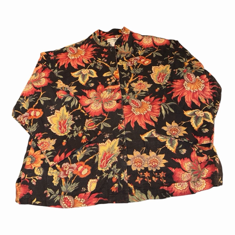 Vintage 90s Coldwater Creek Black Floral Canvas Tapestry Chore Jacket Large